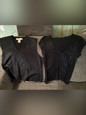 Vintage Norton McNaughton Black V-Neck Sequin Women's Silk blend & sequin top